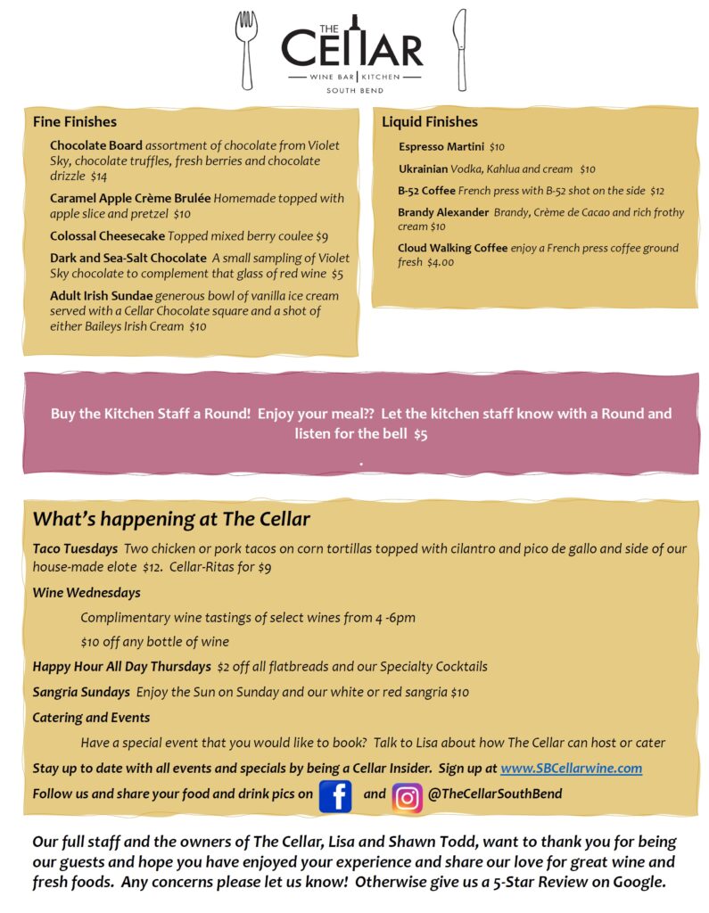 Menu The Cellar Wine Bar & Kitchen