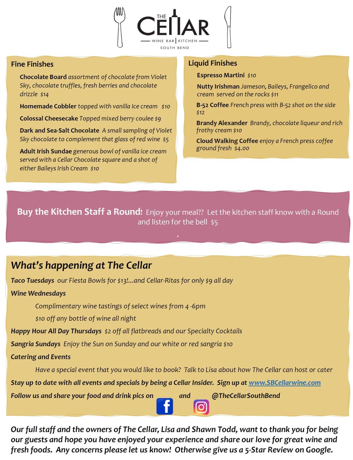 Menu The Cellar Wine Bar & Kitchen